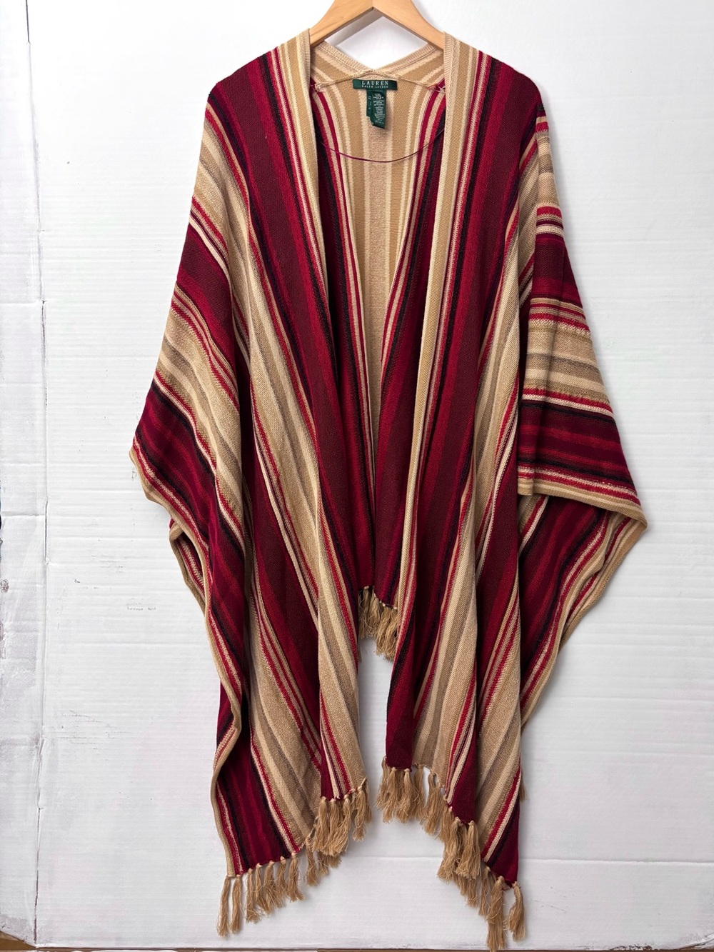 Lauren Ralph Lauren Red Tan Striped Fringe Poncho Blanket Wrap